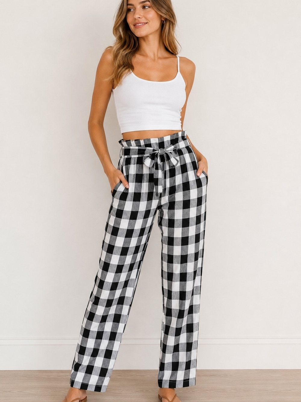 DO+BE Black & White Plaid Paperbag Tie-Waist Straight Leg Pants